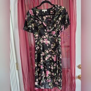 MONTEAU Floral Black and Pink Flutter Sleeve Midi Wrap Dress Hi-Low Size M  #247